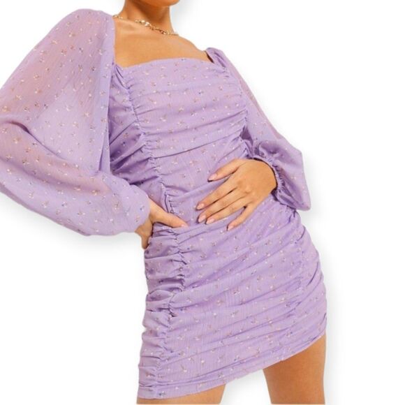 Boohoo long sleeve ruched front chiffon mini dress, size 18 - Picture 1 of 13